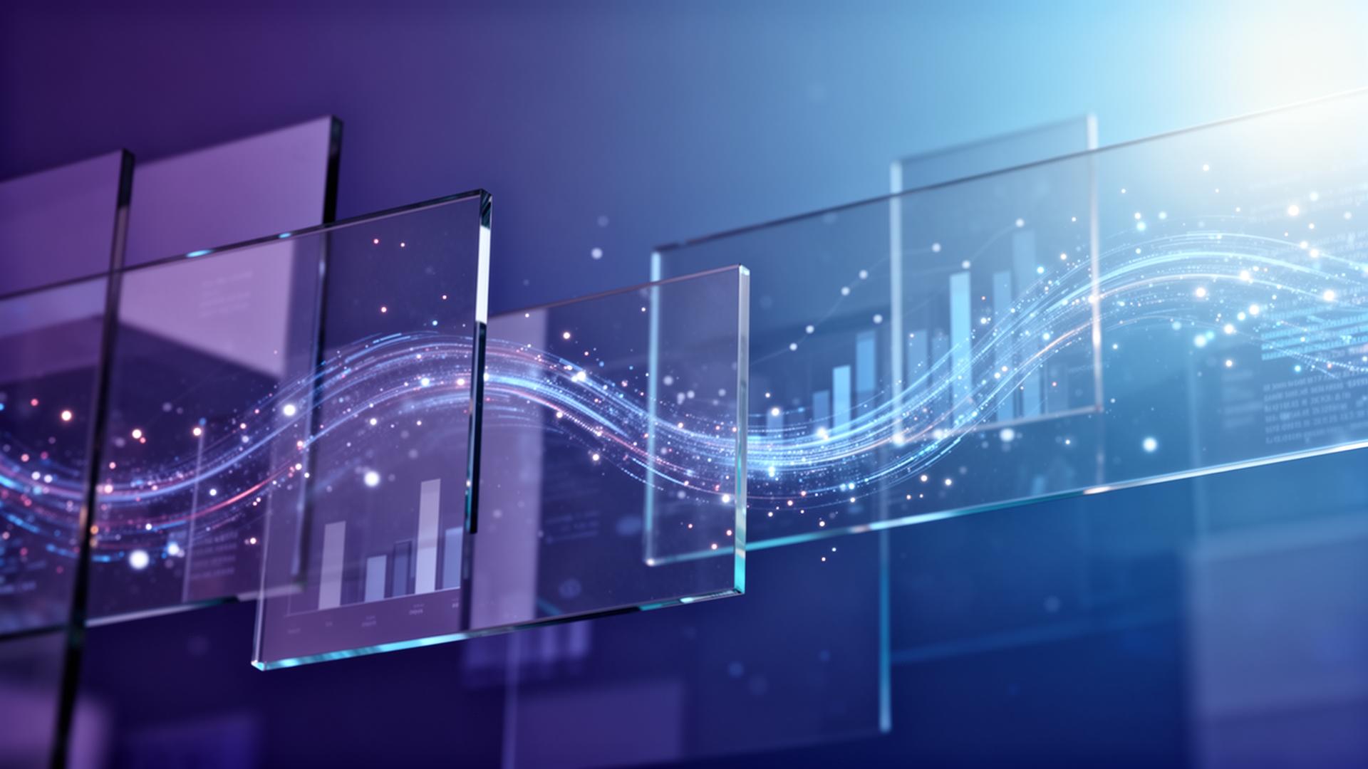 Abstract visualization of search and AI visibility — translucent glass panels and data streams